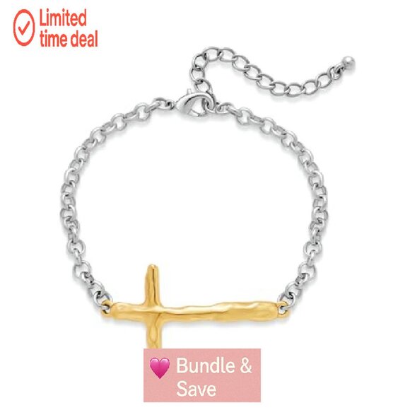 Adjustable Link Chain Bracelet with Textured Cross Pendant for Women - Picture 2 of 8